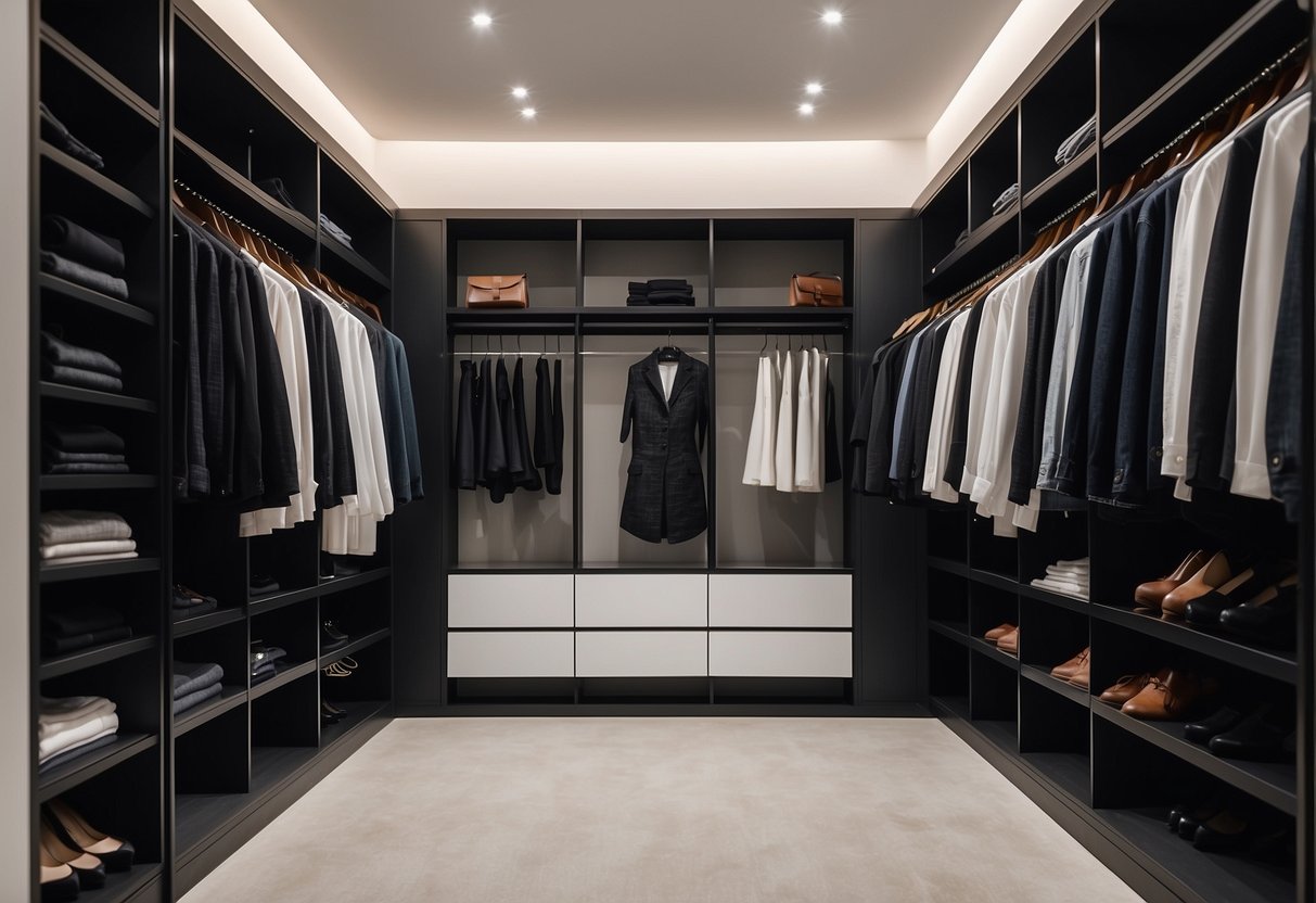 A sleek, minimalist closet with classic pieces like a crisp white button-up, tailored blazer, little black dress, and versatile denim jeans