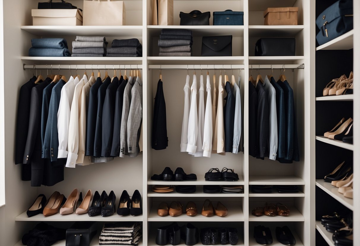 A well-organized closet with classic wardrobe essentials neatly arranged on hangers and shelves, including tailored blazers, crisp white shirts, versatile denim, and elegant black pumps