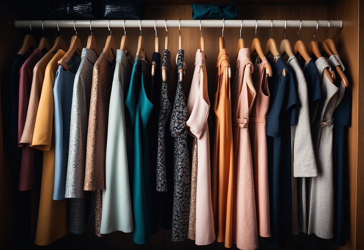 A closet filled with dresses and skirts in various styles and colors, neatly organized and hanging on wooden hangers. A pair of classic pumps and a statement belt complete the timeless wardrobe essentials