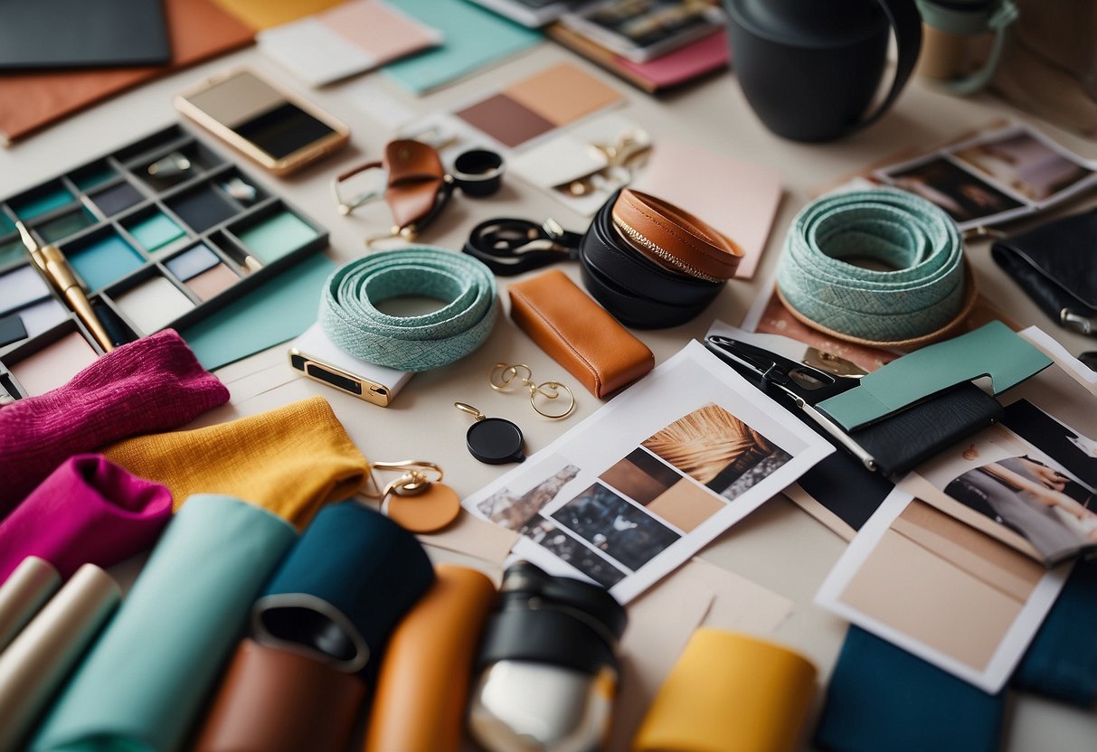 A colorful palette of clothing and accessories spread out on a clean, organized surface, with various style inspiration images pinned to a mood board nearby