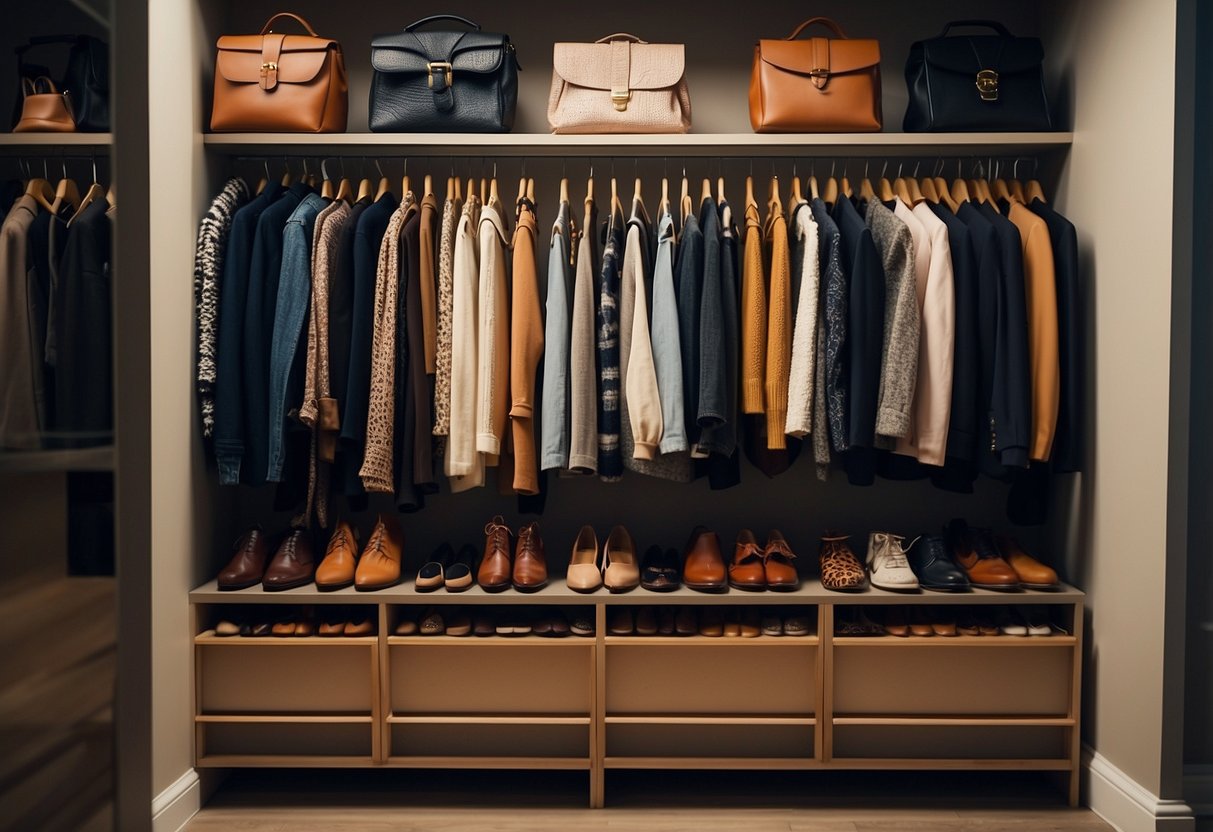 A closet filled with a variety of clothing items arranged neatly on hangers and shelves, with shoes lined up at the bottom. Accessories such as scarves, belts, and jewelry are also visible