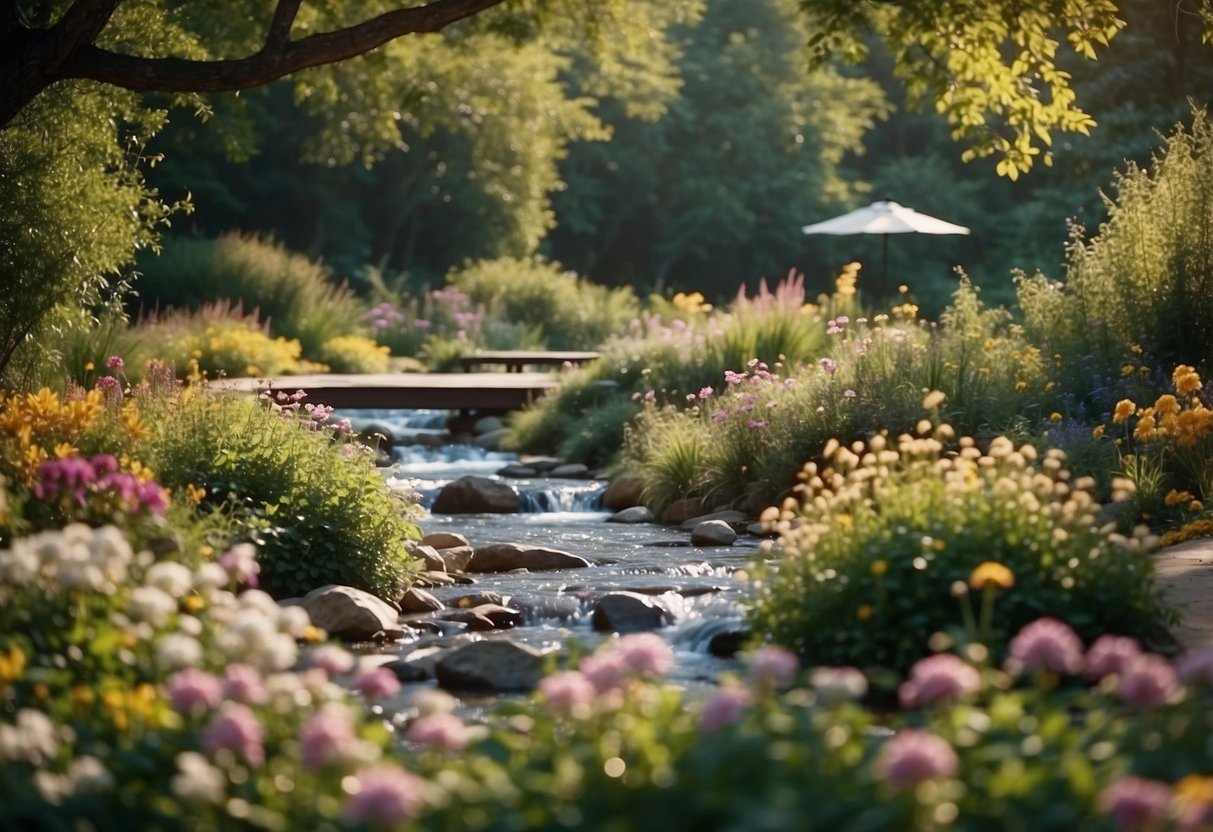 A peaceful garden with colorful flowers and a flowing stream, surrounded by tall trees and a clear blue sky