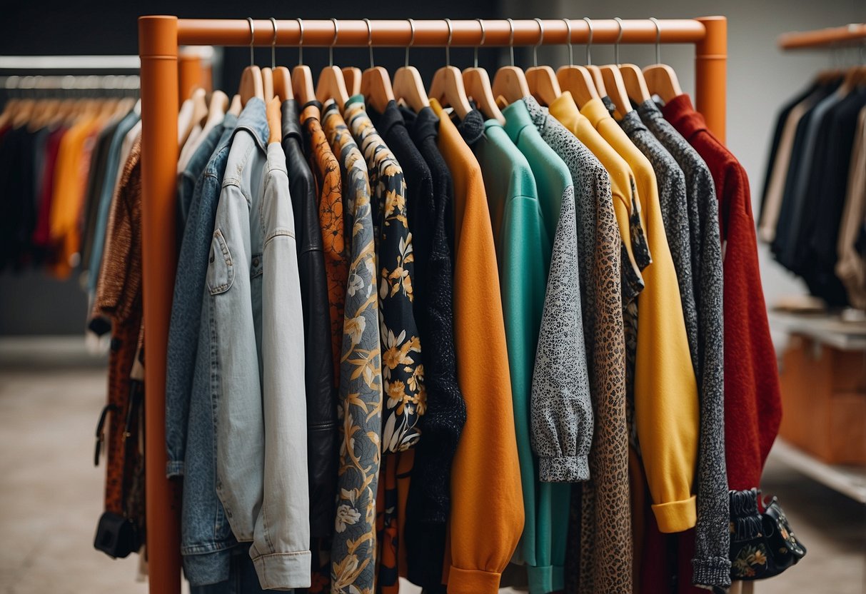 A rack of clothing with various seasonal fashion trends, including bold patterns, vibrant colors, and statement accessories, displayed in a stylish and organized manner