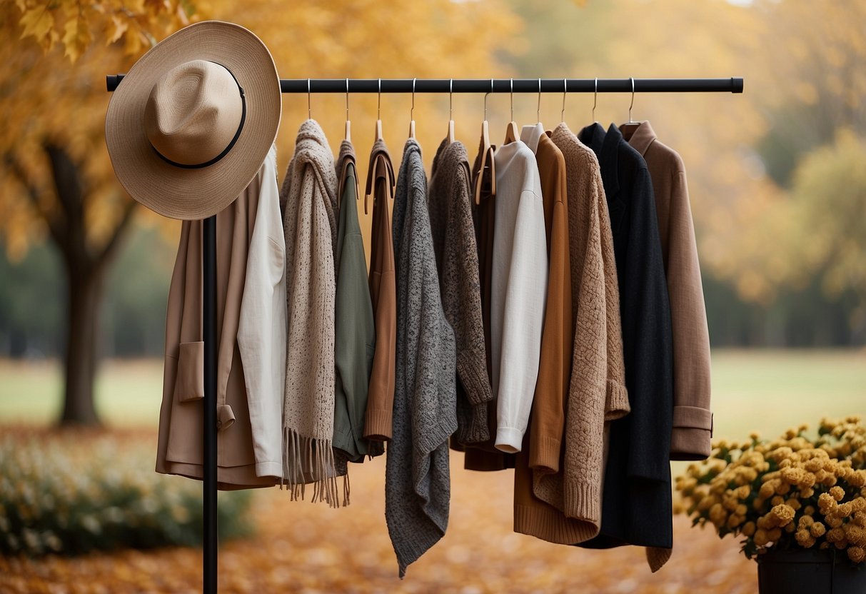 A clothing rack filled with versatile, timeless pieces in earthy tones, paired with seasonal accessories like scarves and hats, against a backdrop of changing leaves and blooming flowers