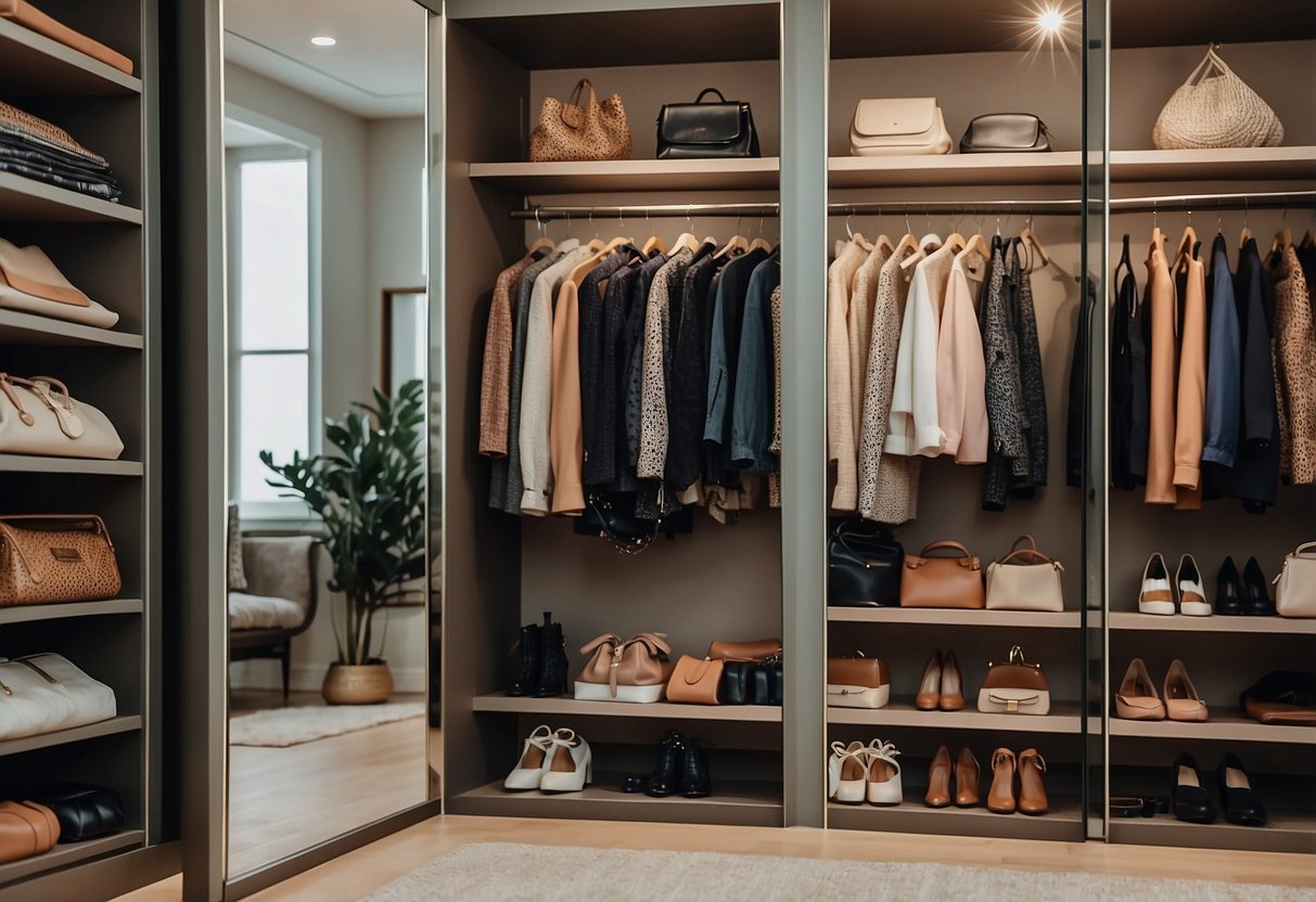 A closet filled with stylish clothing items arranged by season, with accessories neatly displayed on shelves, and a mirror reflecting the overall look