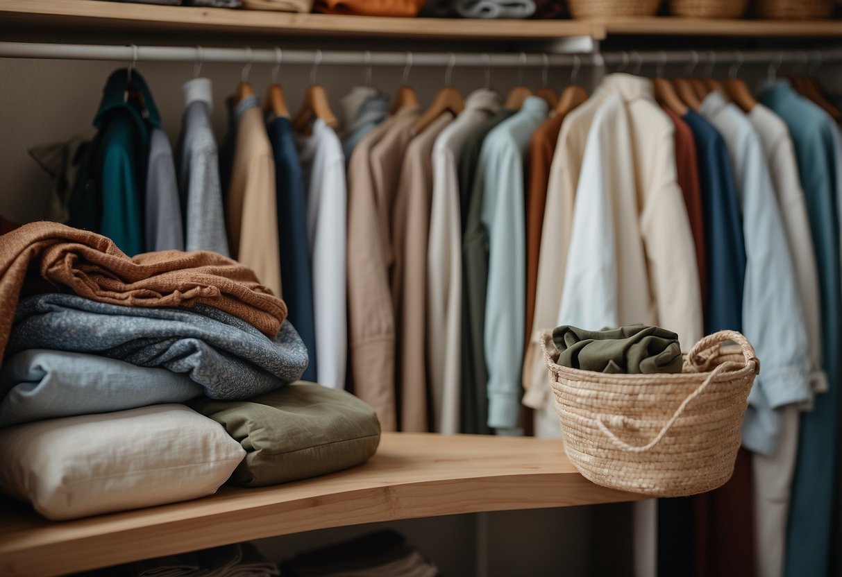 A closet filled with organic cotton, hemp, and recycled material clothing. A reusable water bottle and tote bags sit on a shelf. A sustainable fashion magazine is open on a table