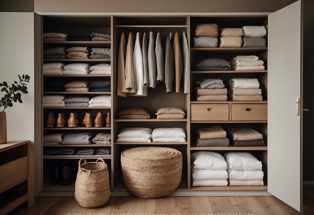 A closet filled with timeless, high-quality pieces in earthy tones. A mix of organic cotton, linen, and recycled materials. Minimalist and versatile