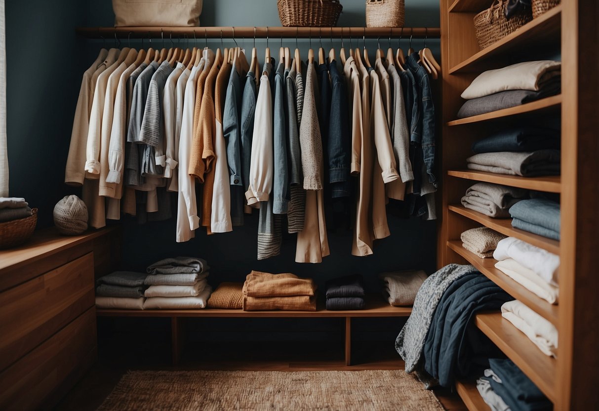 A closet filled with organic cotton, bamboo, and recycled fabric clothing. Reusable bags and containers for zero-waste shopping. A wardrobe reflecting sustainable fashion choices