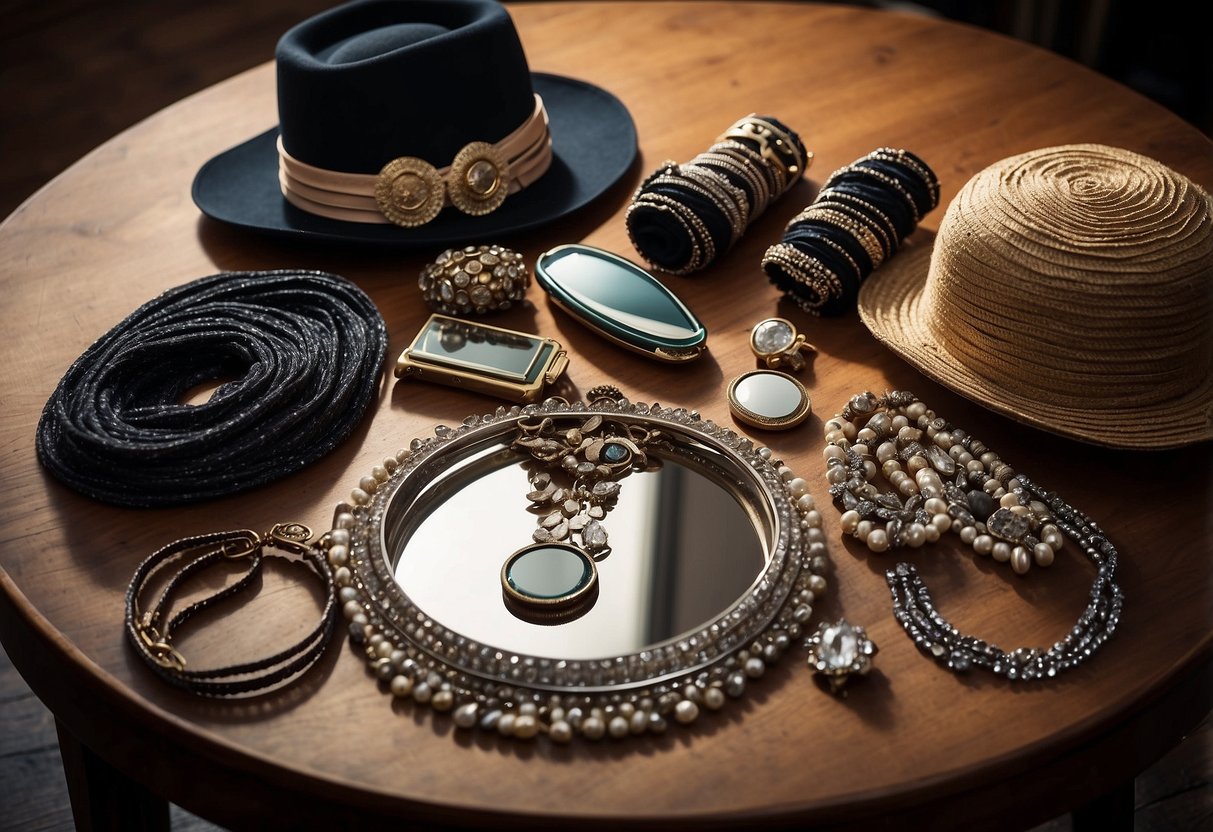 A table with various accessories spread out: scarves, hats, belts, and jewelry. A mirror reflects the items, showing their potential to elevate an outfit