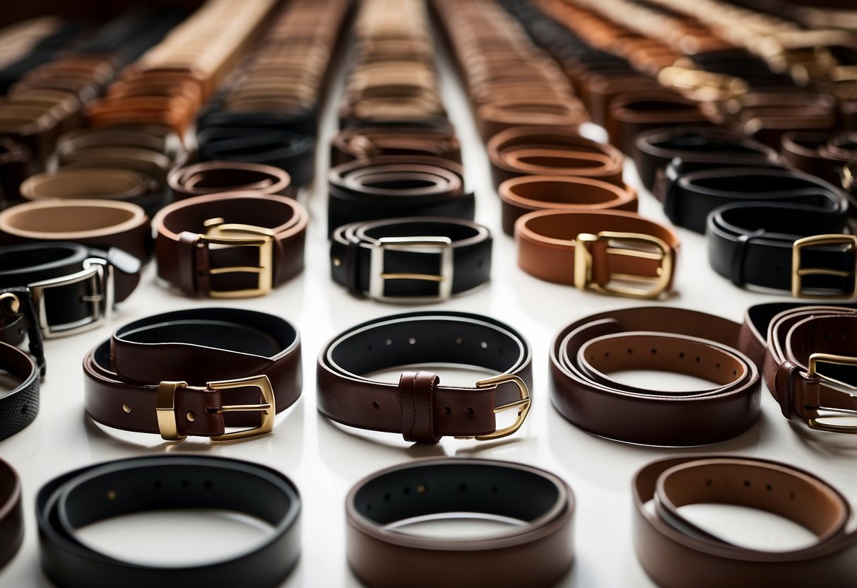 A collection of belts arranged on a sleek display, showcasing various styles and textures. The belts are neatly organized, creating a visually appealing and functional statement piece