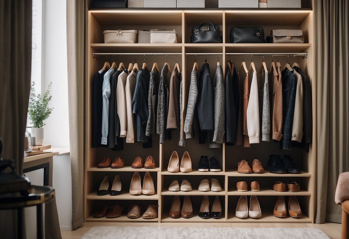 A neatly organized closet with a limited number of high-quality, mix-and-match clothing items neatly folded or hung. Accessories and shoes are also strategically placed for easy access