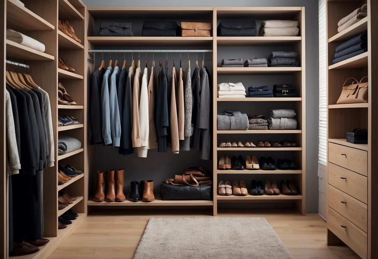 A neatly organized closet with a limited selection of timeless and versatile clothing items, neatly folded or hung. Accessories and shoes are also carefully curated and arranged