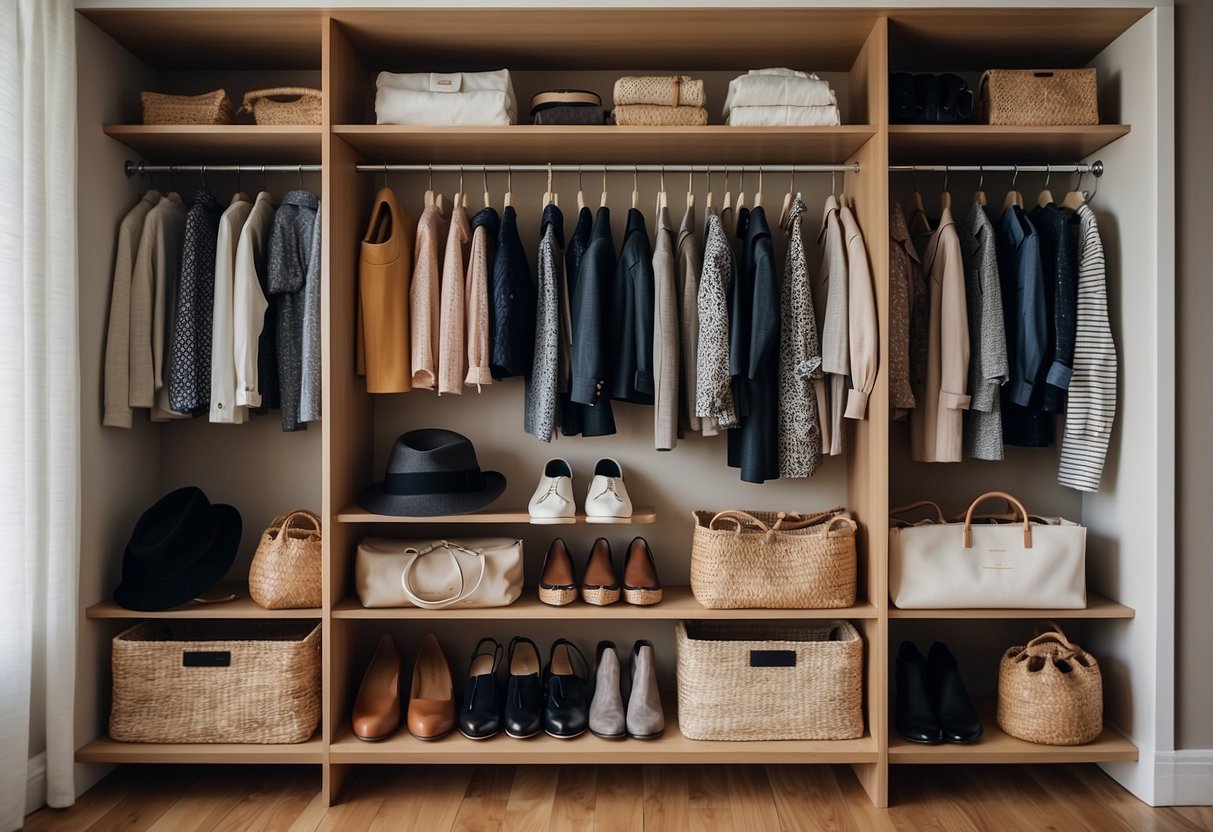 A neatly organized closet with a limited selection of timeless and versatile clothing items. Each piece is carefully chosen to mix and match effortlessly