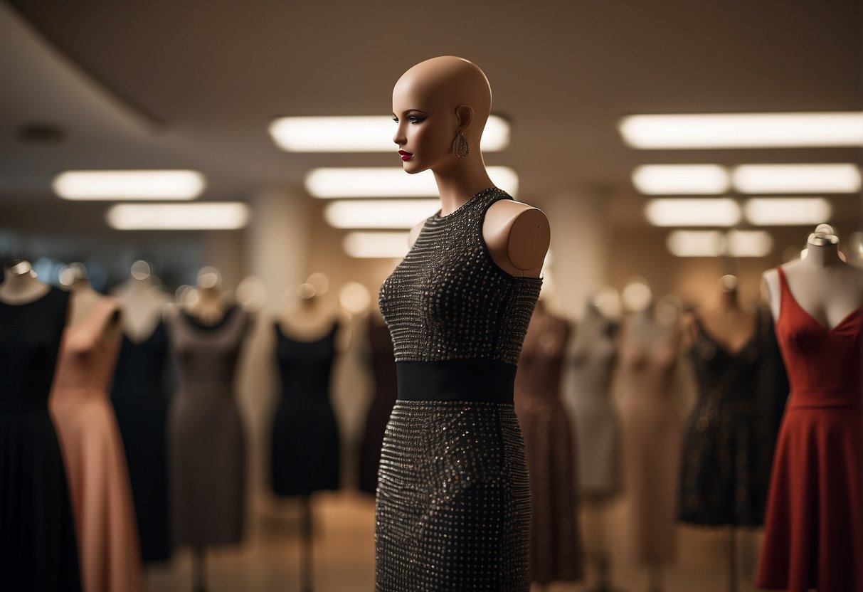 A mannequin stands in a spotlight, wearing a fitted dress with a defined waist, accentuating the hourglass figure. Accessories and shoes complement the look, showcasing fashion for all body types