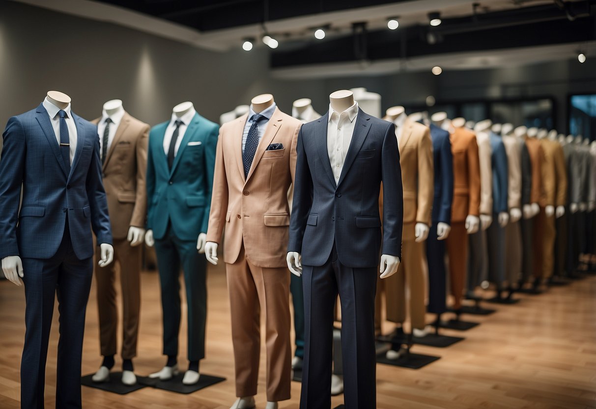 A variety of rectangular shapes in fashion, from tailored blazers to straight-leg pants, showcased on mannequins in a well-lit studio