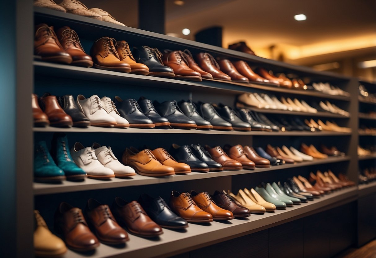 A diverse collection of shoes arranged neatly on a display shelf, showcasing a variety of styles and colors to complement any outfit