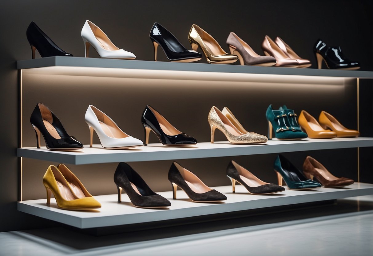 A row of elegant shoes displayed on a sleek, minimalist shelf, each pair representing a different style and occasion