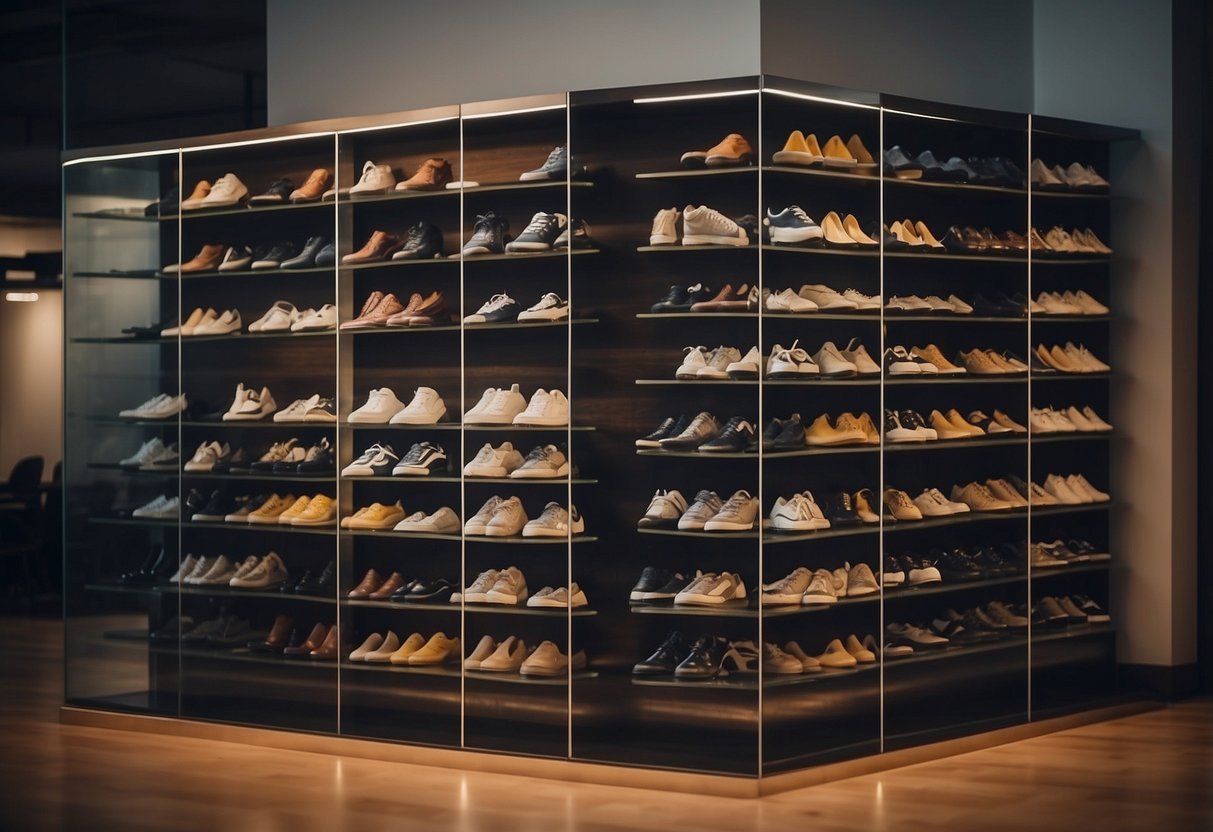 A shoe rack displays a variety of well-maintained footwear, from casual sneakers to elegant heels, ready to complete any outfit