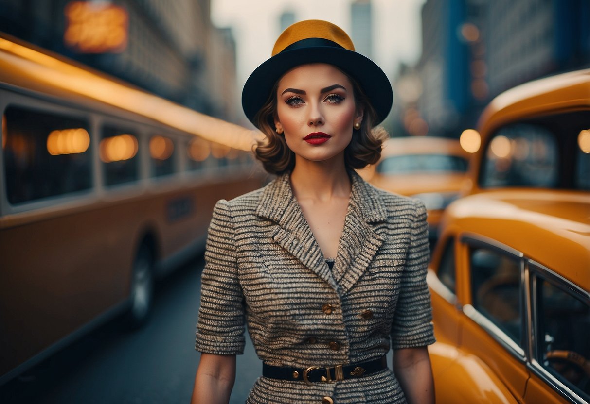 A modern woman wearing a retro-inspired outfit, mixing vintage pieces with contemporary fashion. A blend of old and new styles, with bold colors and classic silhouettes