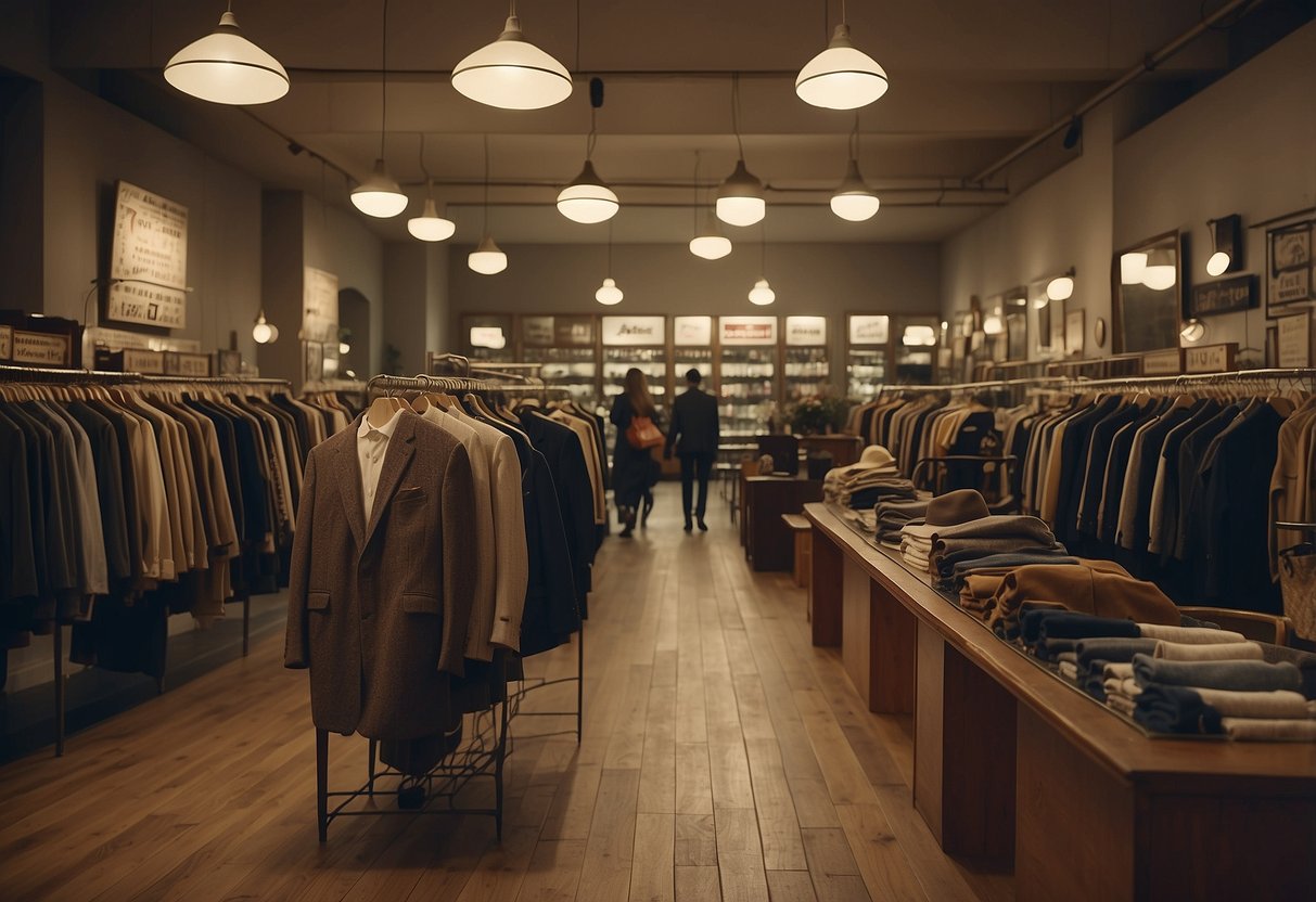 A vintage clothing store with racks of retro garments, a sign advertising "authentic vintage," and customers browsing through the curated selection