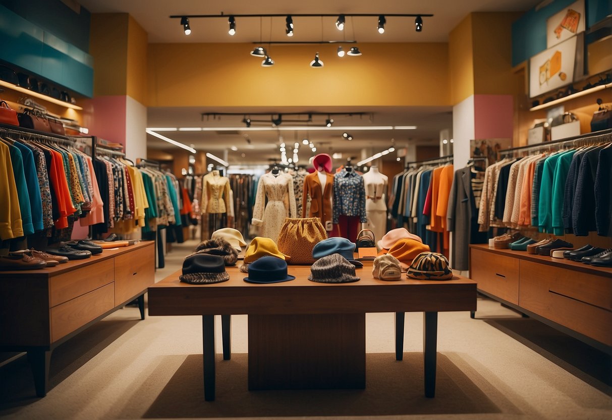 A vintage store display with retro clothing and accessories, juxtaposed with modern elements. Bright colors and bold patterns catch the eye