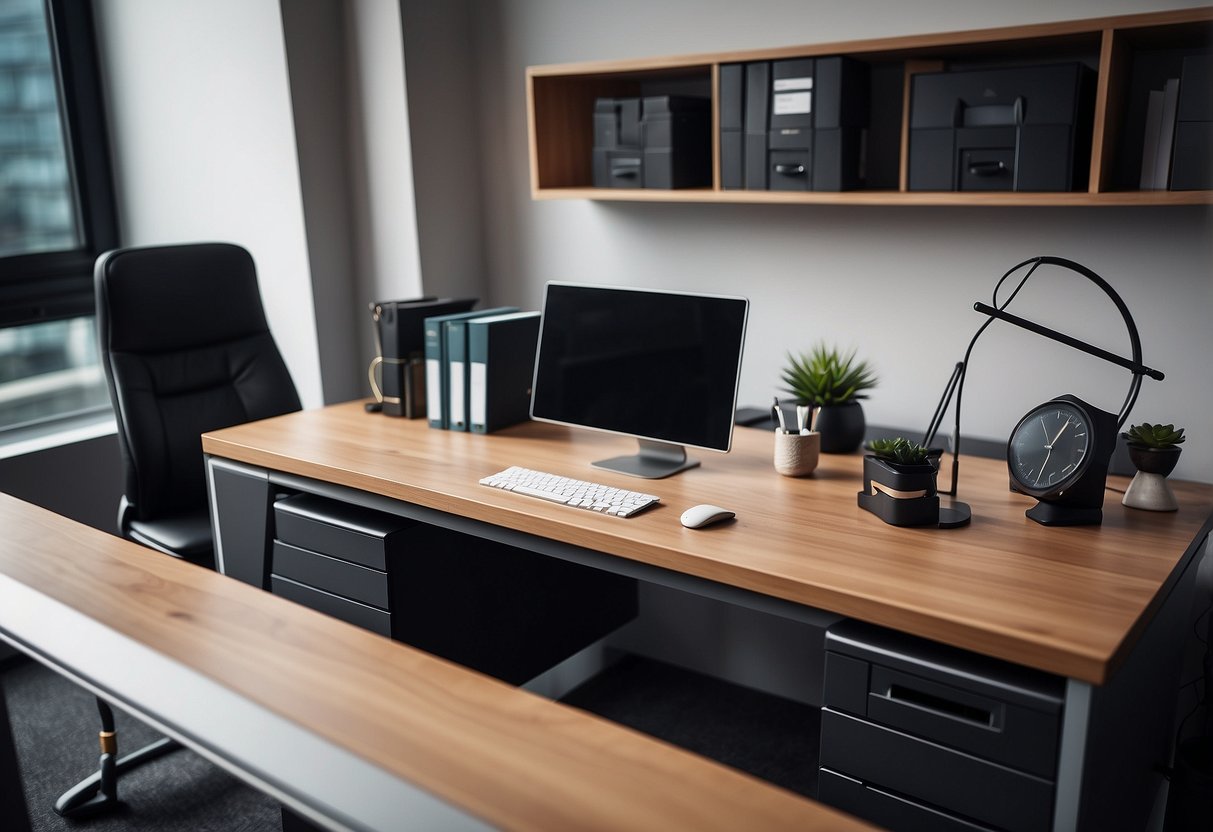 A modern office setting with a sleek desk, computer, and professional accessories. A neatly organized wardrobe with stylish business attire and shoes