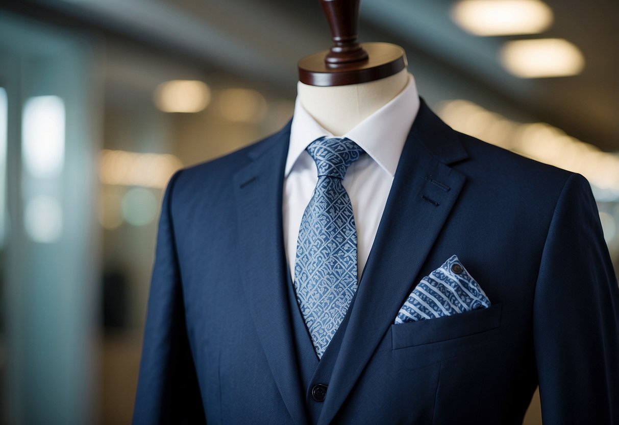 A well-dressed mannequin in a professional setting, wearing a navy blue suit with a light blue dress shirt and a patterned tie. The background consists of neutral tones to complement the color scheme of the outfit