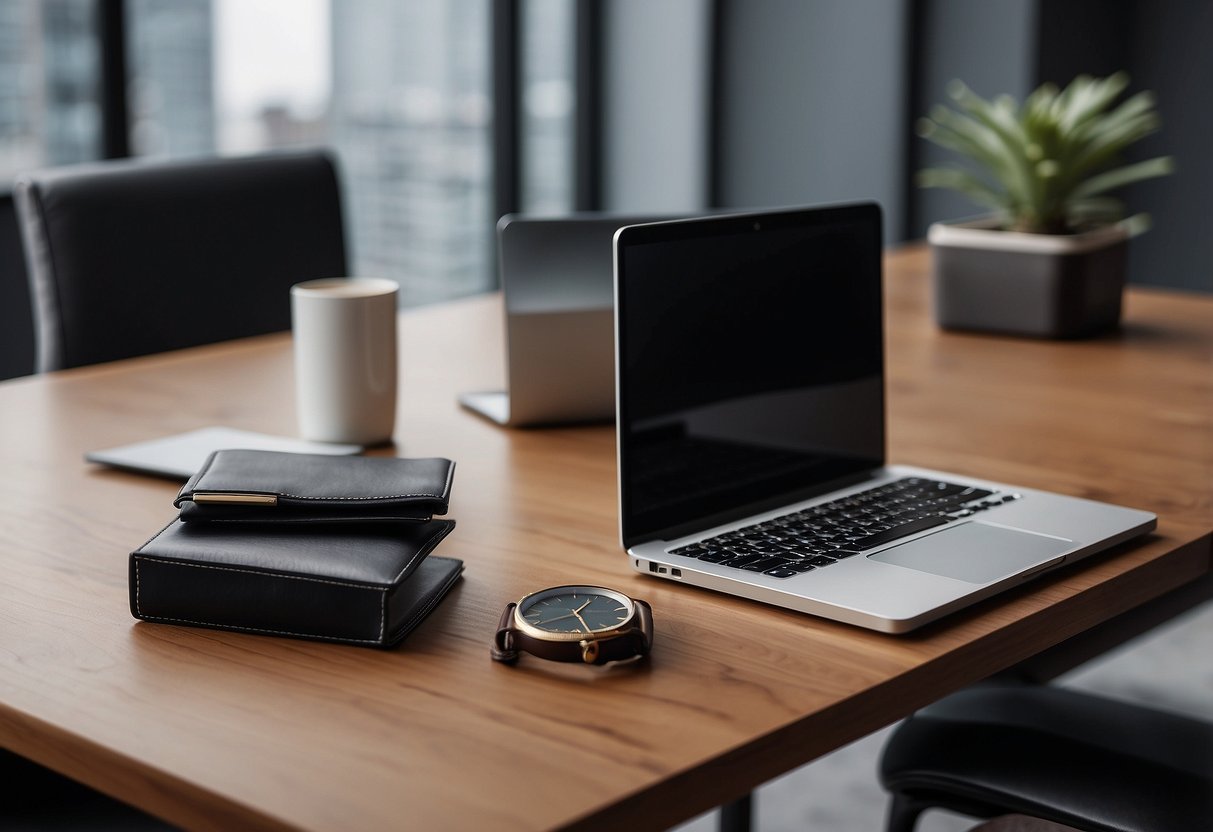 A sleek desk with a laptop, leather notebook, and stylish pen set. A modern briefcase and chic watch on the side. Clean, minimalist office decor