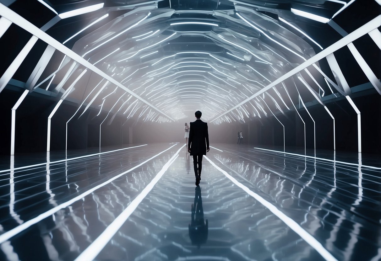 A futuristic runway with holographic projections of 10 designers' names and their innovative fashion creations floating in the air. The runway is surrounded by sleek, minimalist architecture and cutting-edge technology