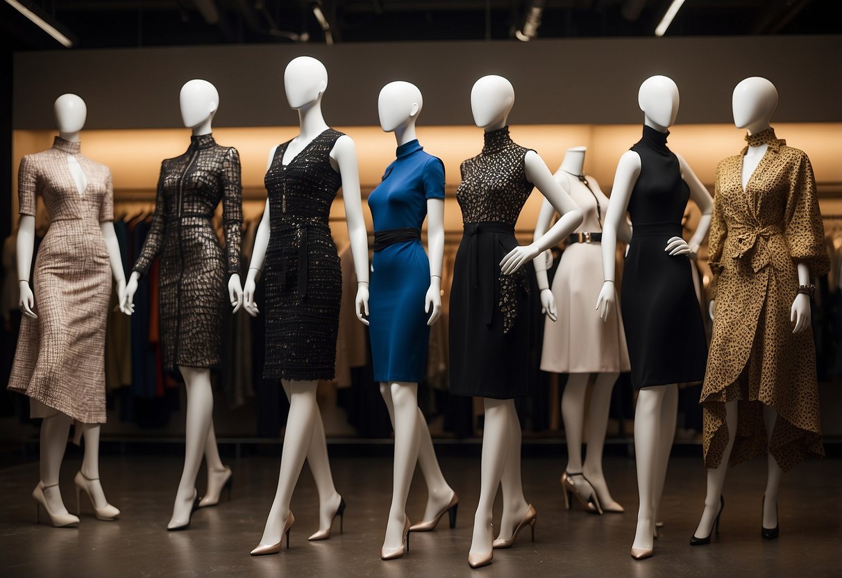 A diverse group of mannequins showcasing innovative fashion designs from 10 up-and-coming designers, representing inclusivity and diversity in the fashion industry