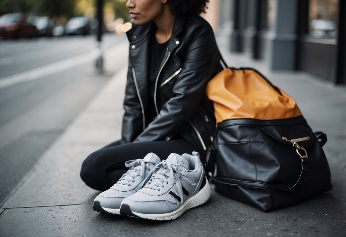 A woman's gym bag spills onto a city sidewalk, revealing sneakers, leggings, and a stylish jacket. A smartphone and water bottle sit nearby