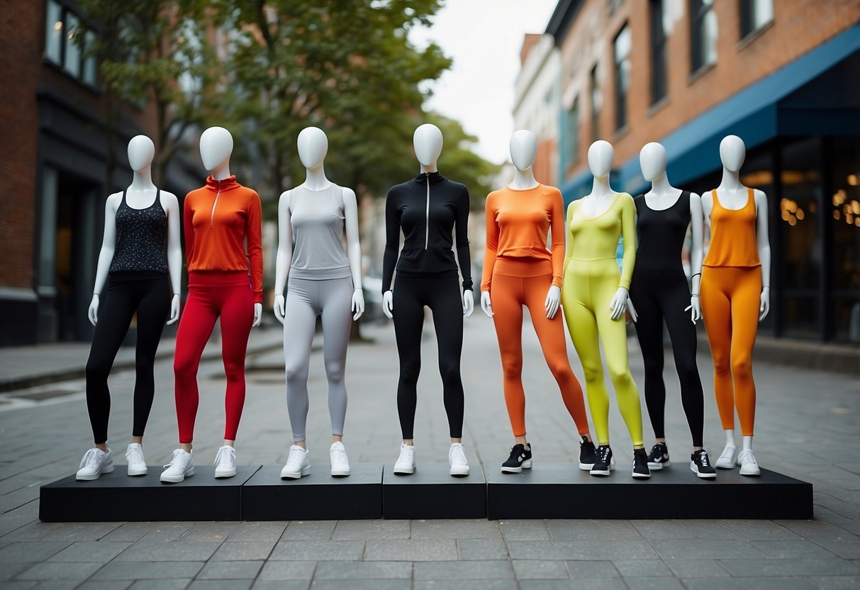 A variety of athleisure outfits displayed on mannequins, showcasing different styles and silhouettes for various body types. The scene transitions from a gym setting to a street setting, with versatile and trendy clothing options