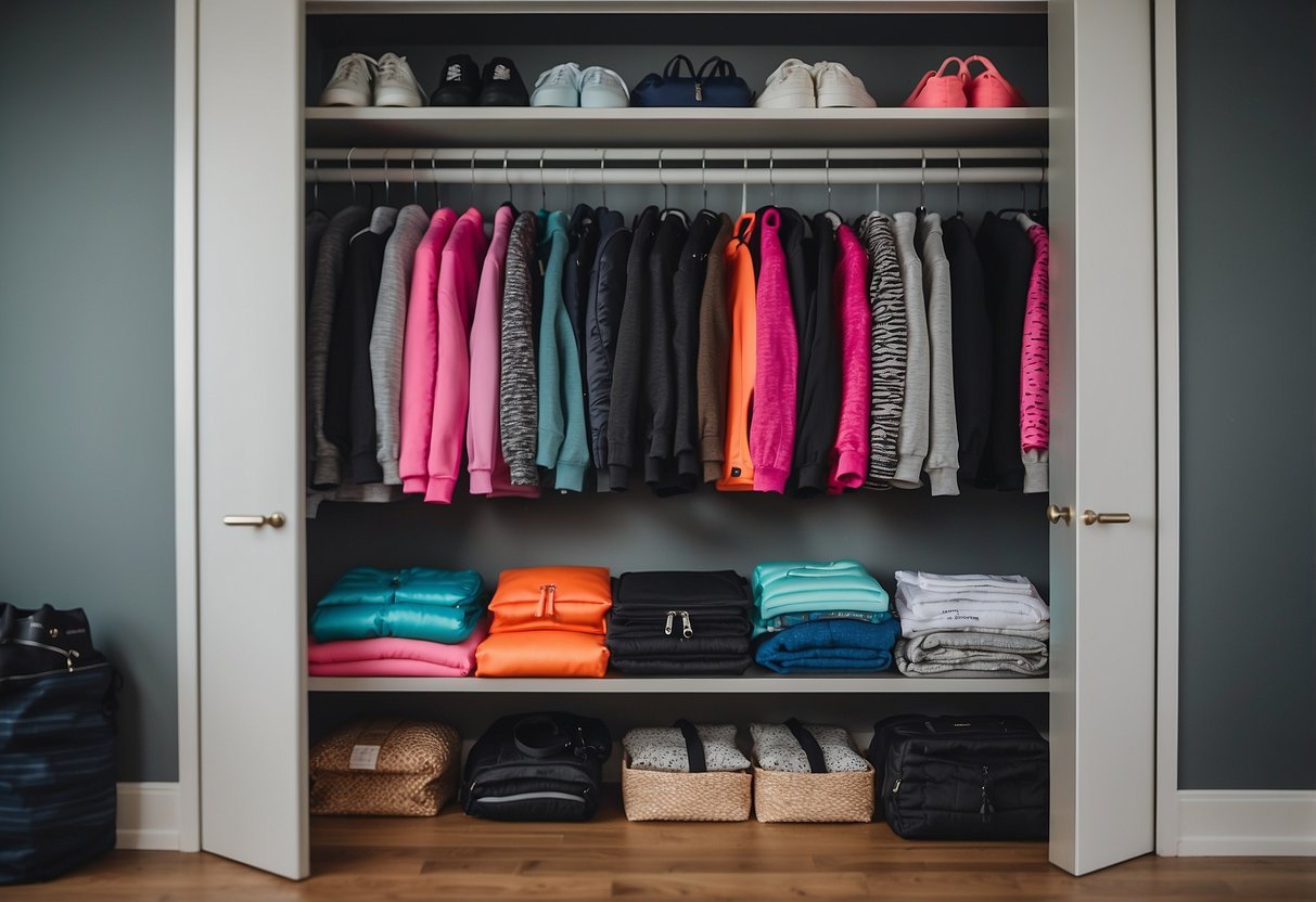 A closet with neatly organized athleisure pieces, including leggings, sports bras, hoodies, and sneakers. A gym bag and a pair of sunglasses are placed nearby for easy access