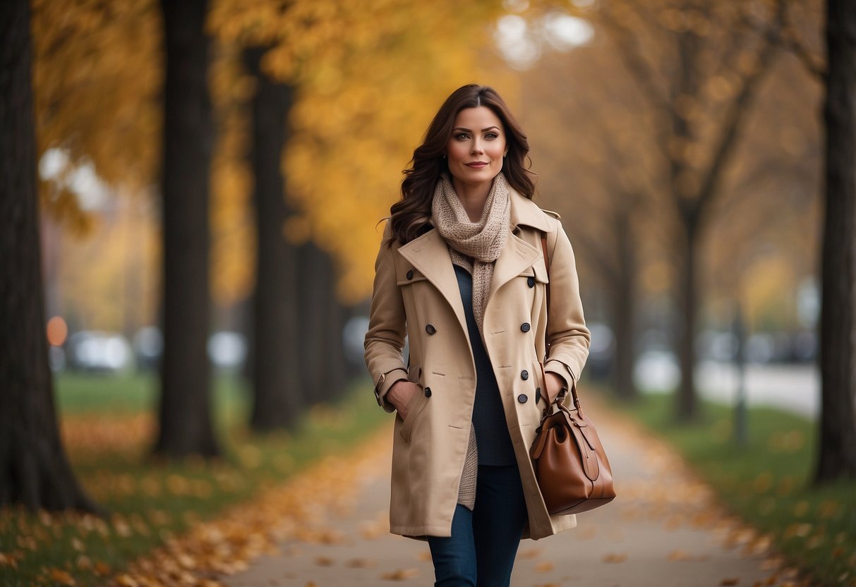 A woman walks through a park, wearing a light sweater over a collared shirt, paired with a scarf and a trench coat. Fallen leaves and a slight breeze suggest the transition from summer to fall