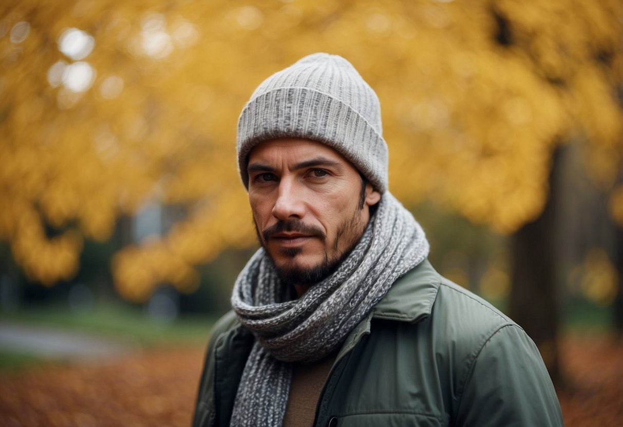 A figure in a light jacket over a long-sleeved shirt, with a scarf and beanie, stands against a backdrop of changing foliage and varying weather patterns