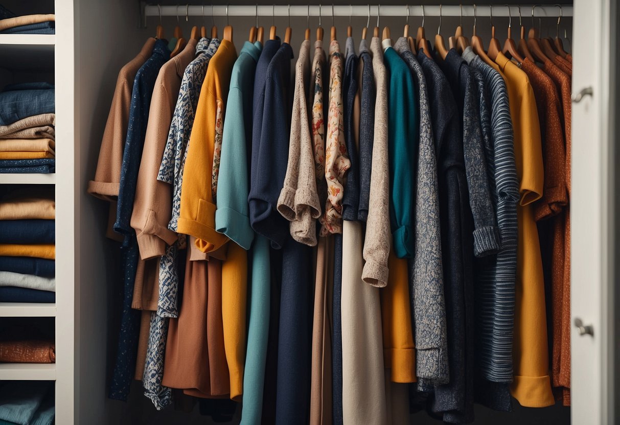 A closet filled with neatly arranged clothing in various colors and patterns, showcasing the art of layering for transitional weather fashion