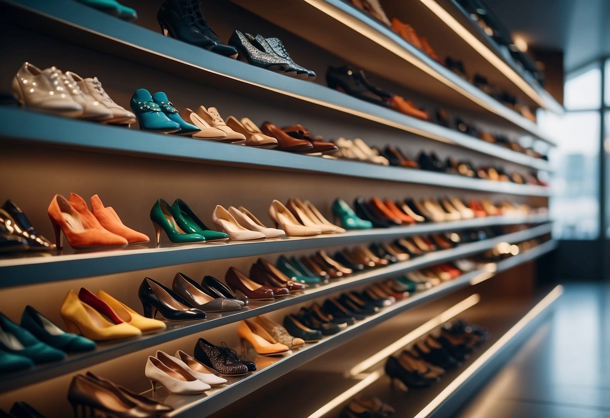 A colorful array of stylish shoes arranged on a sleek display shelf, including heels, sneakers, sandals, and boots. Bright lighting highlights their fashionable details