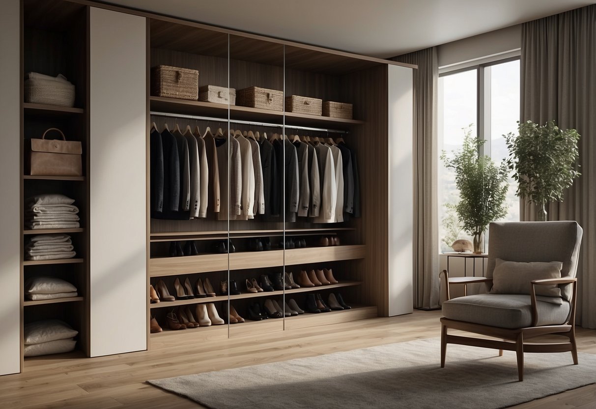 A minimalist closet with classic, high-quality clothing items neatly organized on wooden hangers and shelves. Neutral colors and timeless silhouettes create a cohesive and versatile wardrobe