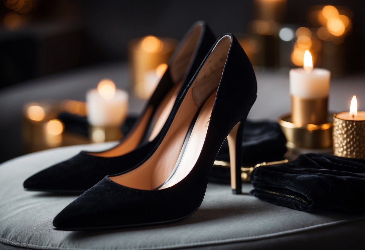 A sleek pair of black pumps sits on a luxurious velvet cushion, surrounded by other stylish footwear essentials. The setting exudes elegance and sophistication, with a hint of glamour