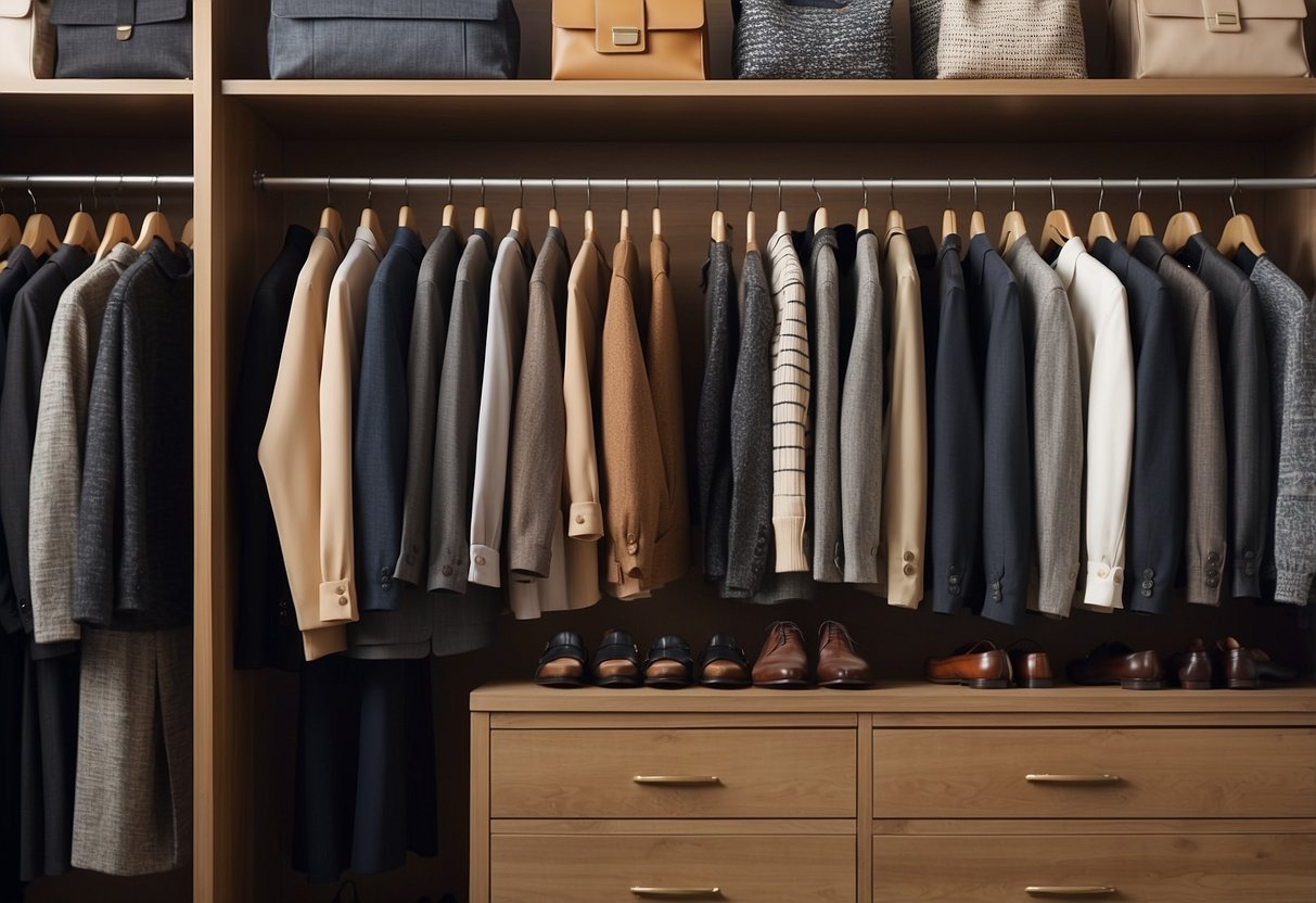 A well-organized closet with classic, versatile clothing pieces neatly arranged on wooden hangers. A variety of neutral colors and timeless patterns are displayed, creating a cohesive and sophisticated look