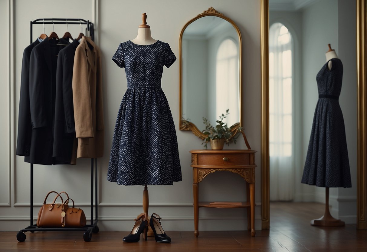 A vintage dress hangs on a modern clothing rack. A retro hat sits atop a sleek, minimalist table. Bold, contemporary shoes stand next to a classic, ornate mirror