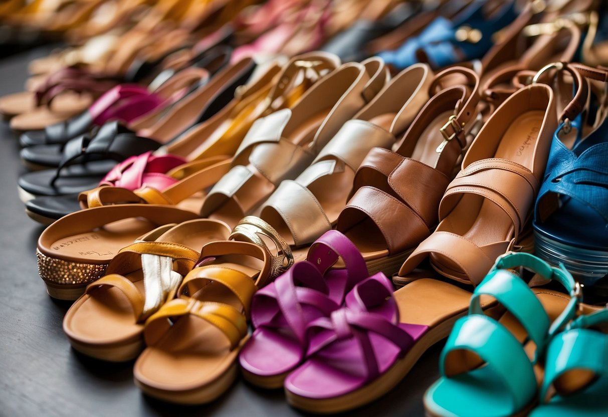 A colorful display of summer sandals, ranging from flats to heels, arranged in a top 10 list. Various styles and colors attract the eye, showcasing essential footwear for fashionistas