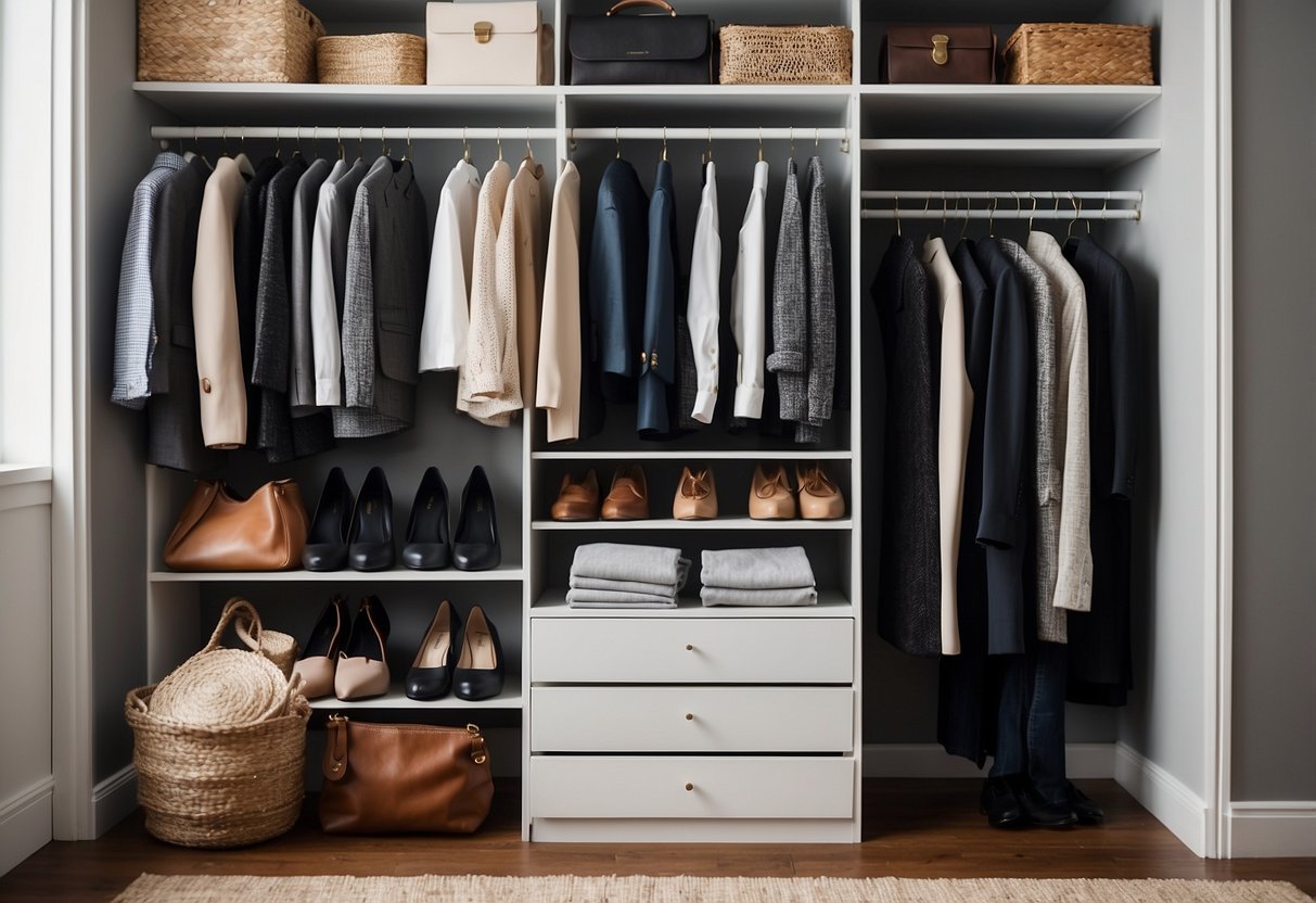 A neatly organized closet with a limited selection of classic clothing items neatly folded and hung, including versatile pieces like a white button-up shirt, a tailored blazer, a little black dress, and a pair of well-fitted jeans