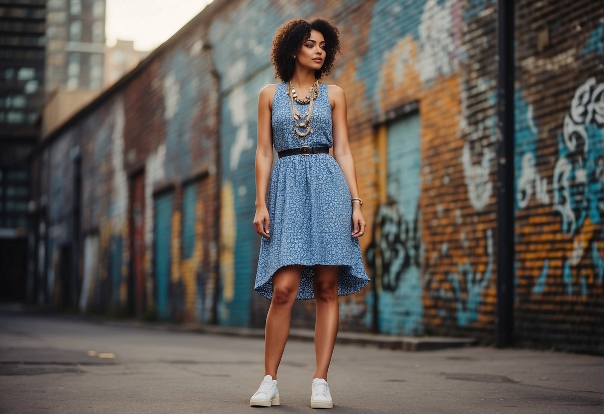 A vintage dress paired with modern sneakers and a statement necklace, set against a backdrop of urban graffiti and sleek architecture