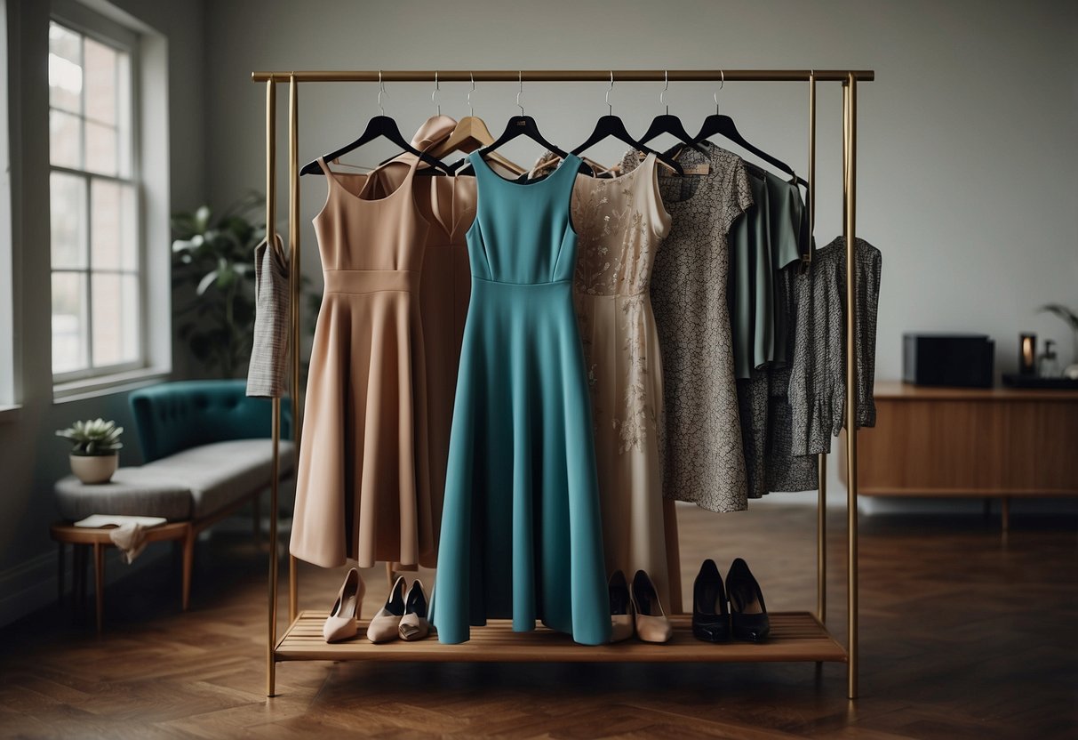 A vintage dress hangs on a modern clothing rack, surrounded by contemporary accessories and shoes. The scene exudes a sense of harmony and balance