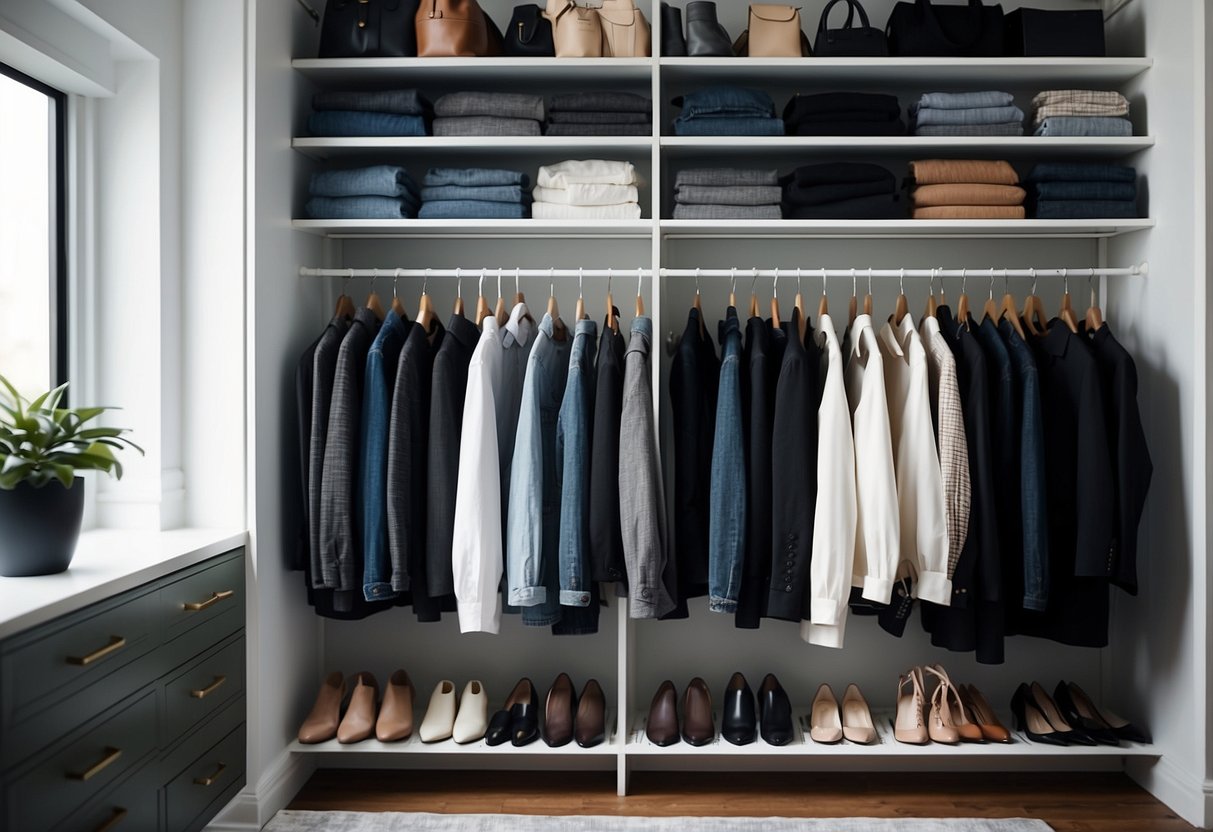 A well-organized closet with essential fashion items neatly arranged on shelves and hangers. Items include classic denim, white shirts, little black dress, blazers, and versatile footwear