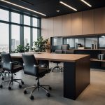 A modern office setting with stylish, professional attire on display, including tailored suits, chic dresses, and polished shoes. The scene exudes confidence and professionalism