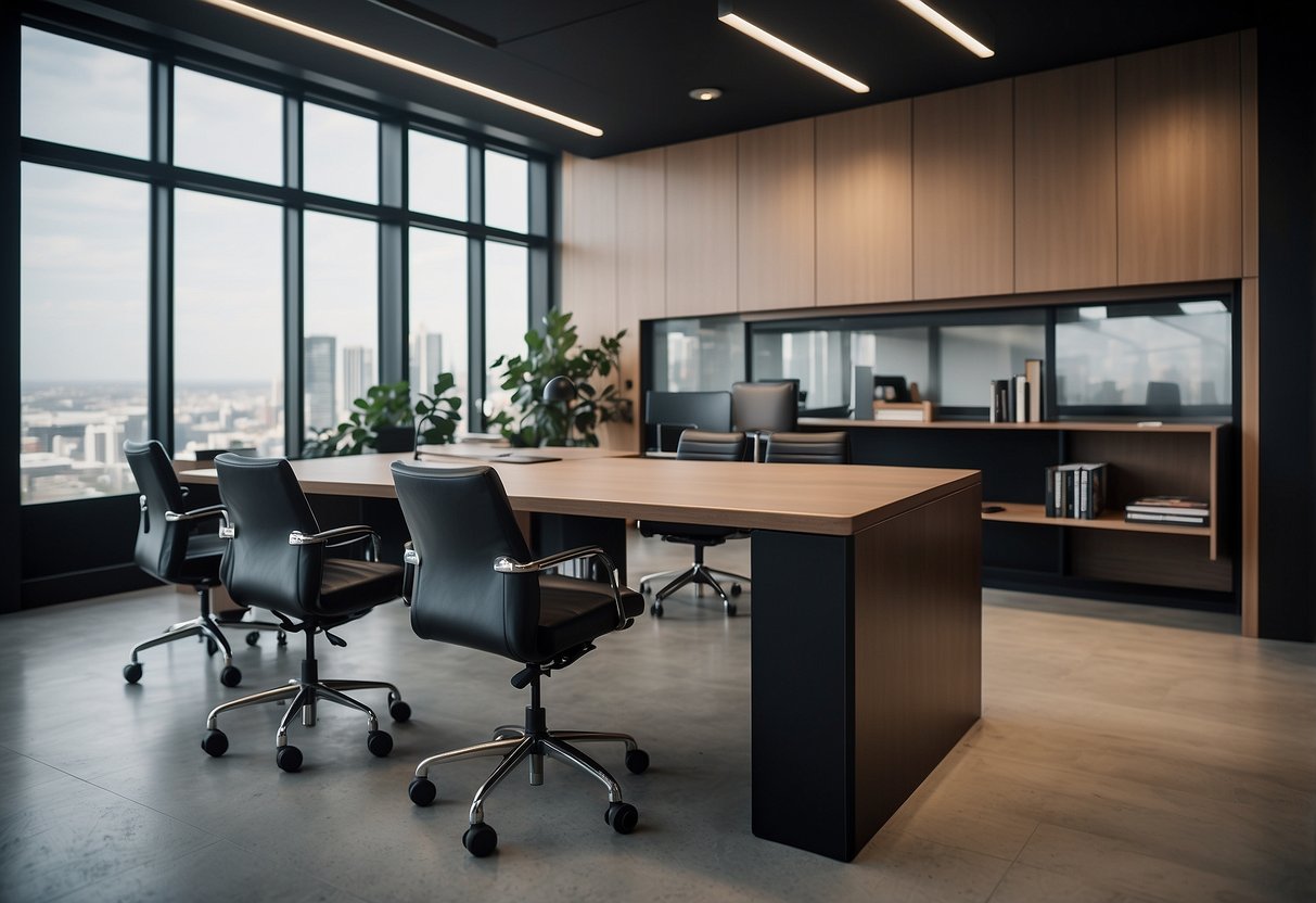 A modern office setting with stylish, professional attire on display, including tailored suits, chic dresses, and polished shoes. The scene exudes confidence and professionalism