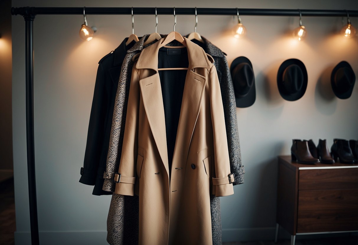 A sleek trench coat hangs on a minimalist coat rack, surrounded by stylish scarves and hats. A pair of trendy ankle boots sit neatly on the floor