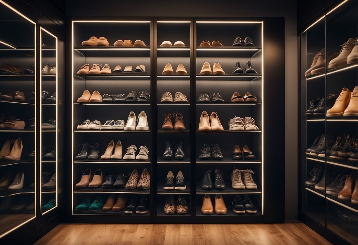 A closet filled with rows of stylish footwear, from classic pumps to trendy sneakers, neatly organized on shelves and racks